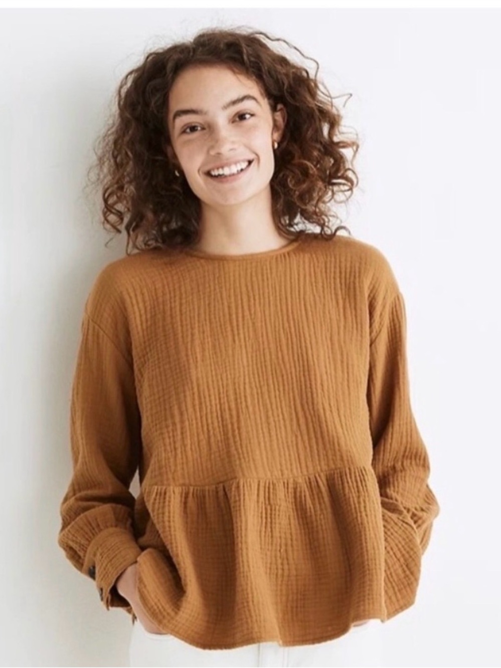 Madewell Textured Peplum Pullover in Caramel Brown